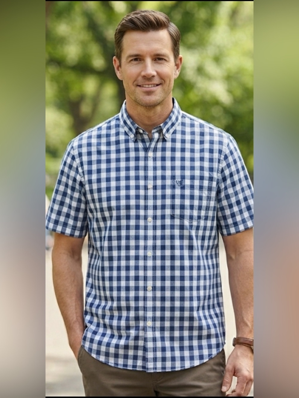 Chaps Men's Navy and White Gingham Button-Down Shirt